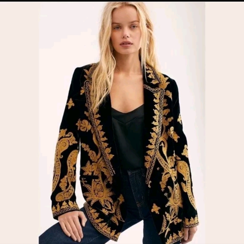 New W/Tags Free People Black Embroidered Magic Carpet Ride Blazer Small - Picture 1 of 12